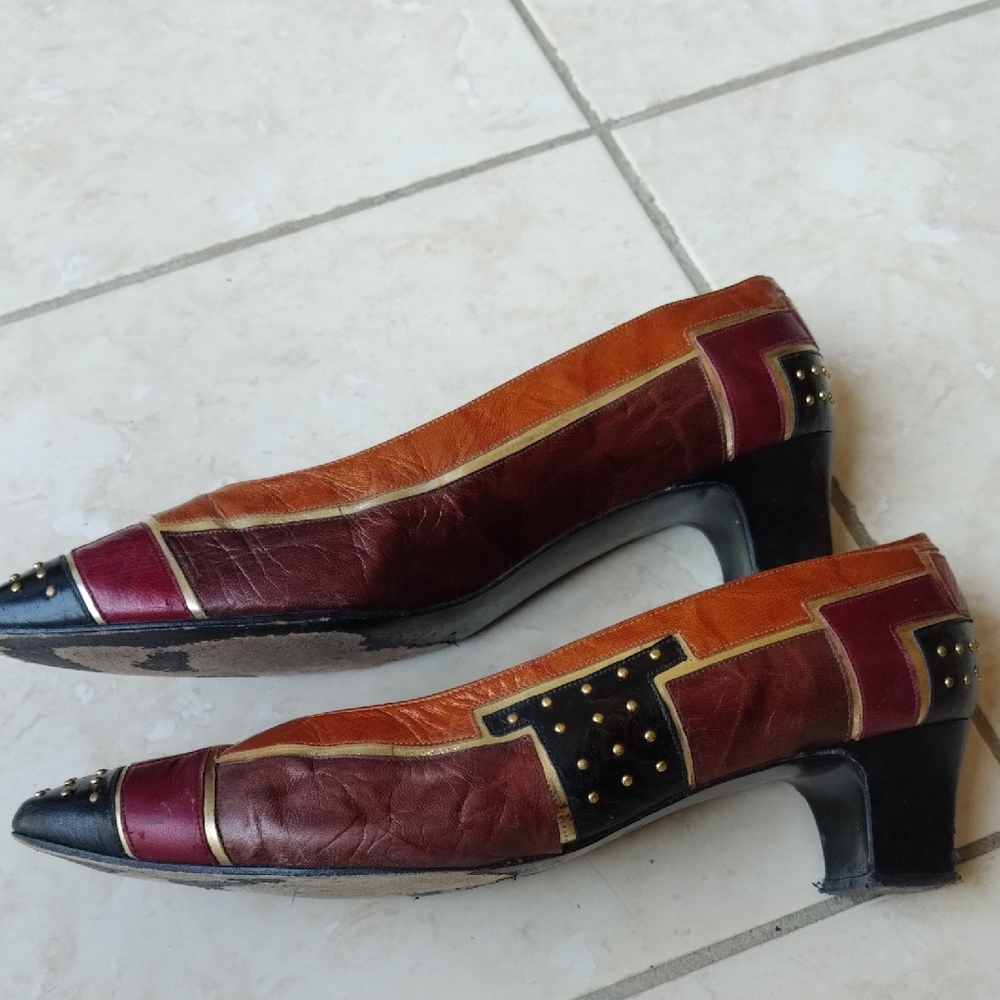 Vintage Jerrold Leather Patchwork Studded Pumps Womens Multicolor Low Block Heel - Picture 2 of 5